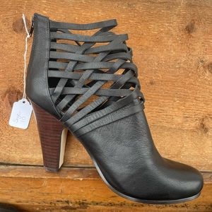 Black Vegan Leather Strappy Angle Boot NWOT